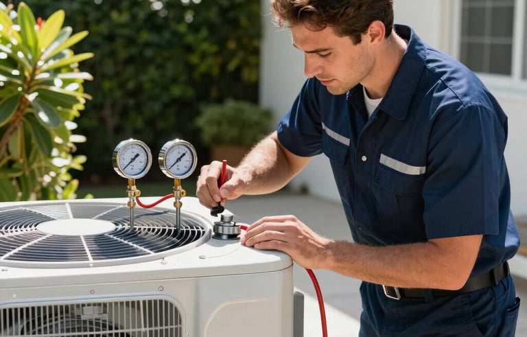 A professional HVAC technician in a clean, branded navy blue uniform inspecting a sleek, modern outdoor air conditioning unit. The setting is a North American residence in Miami, with bright sunlight and lush foliage in the background. The shot is high-angle, focusing on the technical precision of the tool gauges and the silver metallic finish of the cooling system.