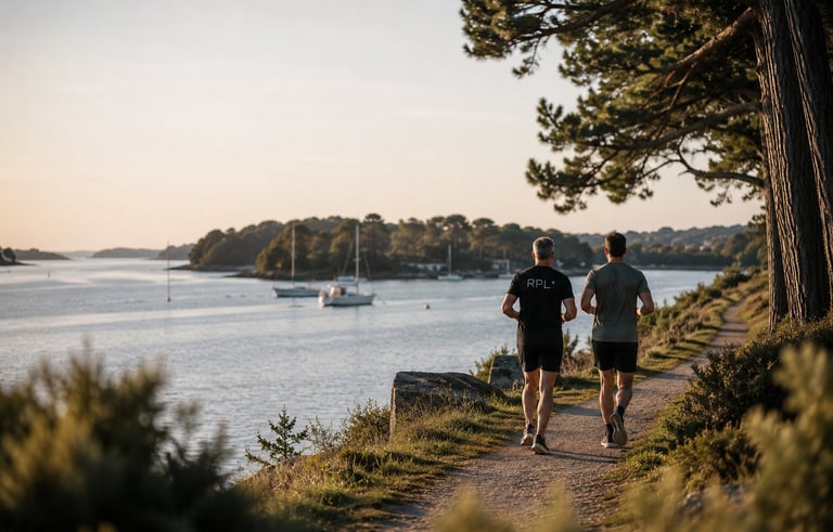 Coach et son client en séance de récupération intelligente au bord du golfe du Morbihan