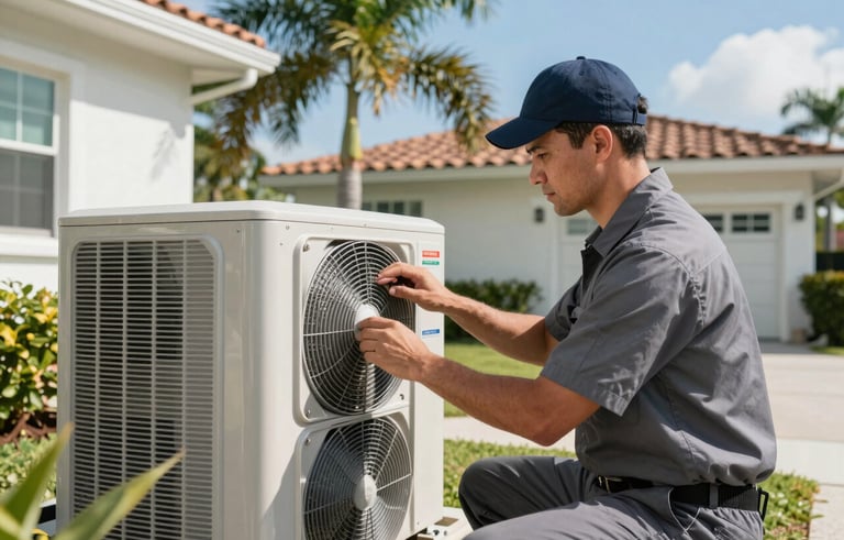 A professional HVAC technician in a cool gray uniform inspecting a modern outdoor AC unit. The setting is a bright, sunlit residential property in Miami, Florida, with palm trees and a clear sky blue background. The style is clean, modern, and trustworthy.