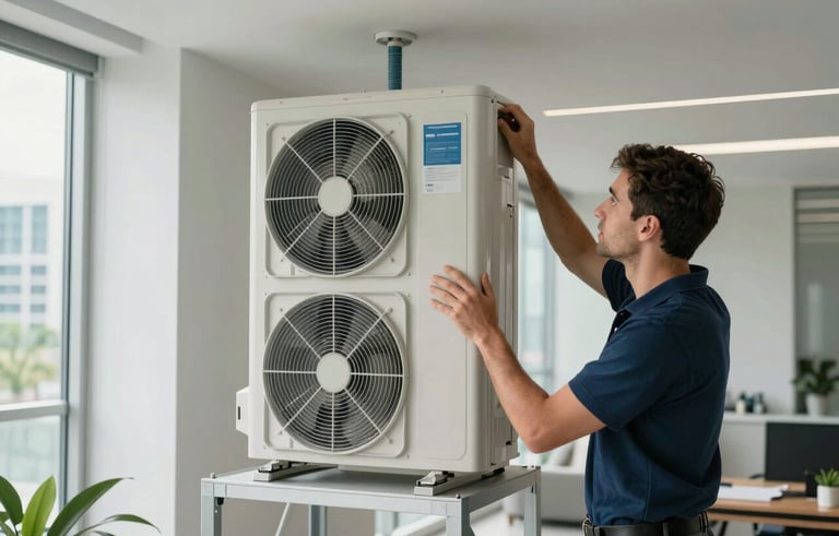 A new, high-efficiency central air conditioning unit being expertly installed in a modern Miami interior. The lighting is bright and clean, showcasing professional equipment and a neat workspace. Professional photography, North American / US - Miami, Florida.