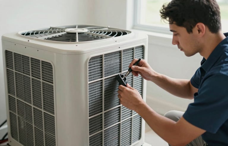 A technician performing a precision tune-up on an indoor HVAC unit, checking air filters and coils. The environment is a clean, modern mechanical room in a North American / US - Miami, Florida home. Bright lighting, professional atmosphere.