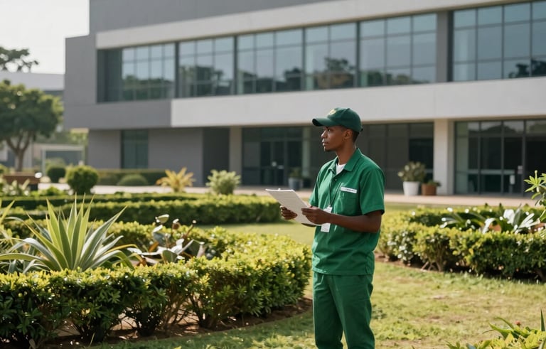 Professional facility manager in clean green uniform inspecting a pristine corporate garden in Luanda, bright equatorial morning light, architectural background, 35mm lens