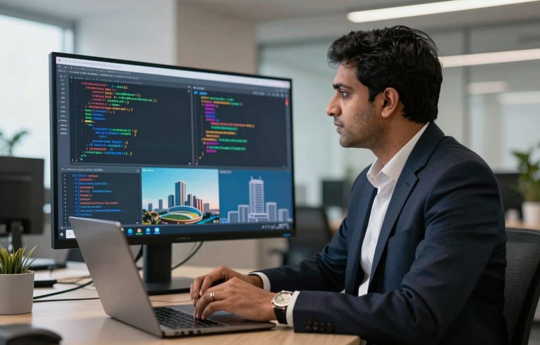 A South Asian developer in professional attire conducting a technical video conference from a high-tech office in Ahmedabad, vibrant screen reflecting code and architecture diagrams.
