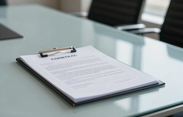 A close-up photograph of a formal contract on a glass table in a South Asian corporate boardroom, symbolizing trust and legal compliance, soft natural lighting and gray-blue tones.