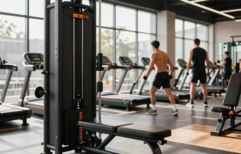 A high-performance modern gym interior with Carbon Black equipment and Energy Orange accents. Bright, energetic morning light streams through large windows onto a polished floor. Professional athletes are seen in the distance, focused and training. Global / Spanish-speaking setting.