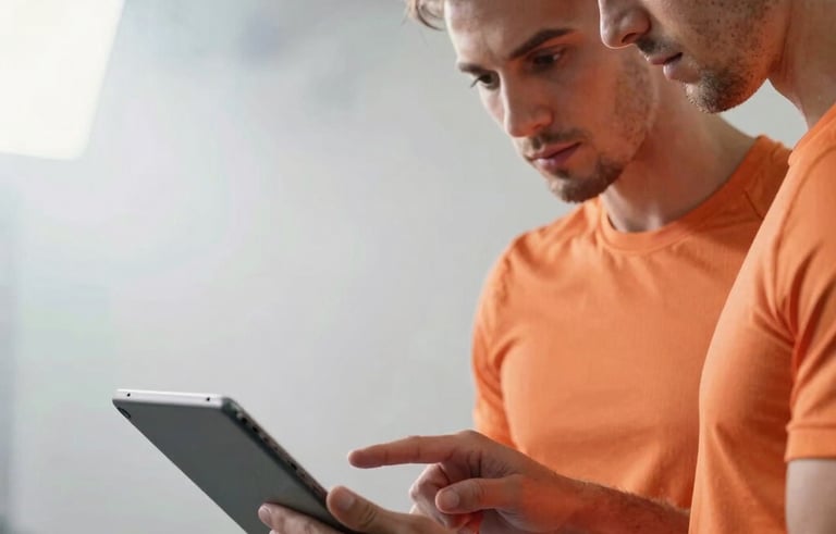 Close-up of a professional coach and an athlete reviewing a training tablet in a sleek studio. Atmospheric lighting with Smoke White and Light Orange tones creates a professional, focused mood. Global / Spanish-speaking vibe.