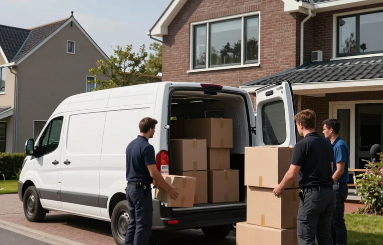 A group of professional movers organized outside a large Dutch family home, unloading boxes from a modern transport van. Professional, sunny day, residential area.