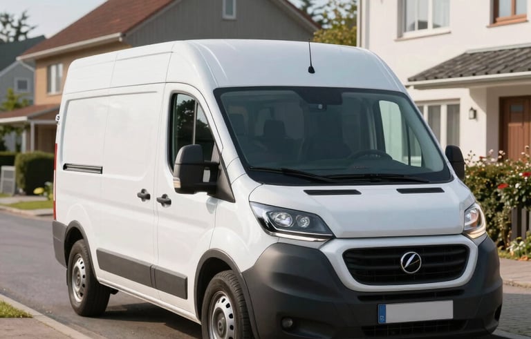 A clean white moving van parked on a tidy residential street in a Northern European neighborhood. Bright morning light, sharp focus, professional photography style.