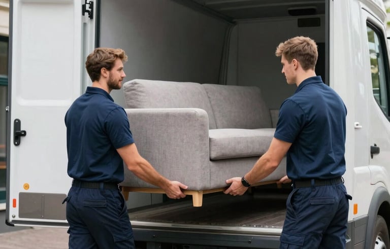 Two professional movers in navy blue uniforms carefully carrying a modern sofa into a moving truck. Northern European / Dutch urban setting, clean and efficient mood.