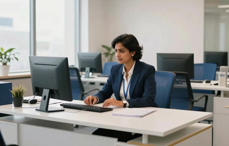 A high-end, wide shot of a professional South Asian documentation consultant working in a bright, modern Bandra West office. The office features sleek white furniture with royal blue and gold accents, projecting a formal and trustworthy business atmosphere. Soft natural light illuminates the desk.