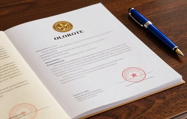 A close-up photography shot of a mahogany desk in a luxury office. A set of gold and white company registration documents sits next to a designer royal blue fountain pen. The lighting is warm and professional, emphasizing a premium business aesthetic.