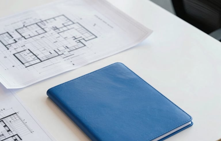 A high-angle view of a modern business meeting in a high-rise office in Mumbai. Clean white table, architectural blueprints, and a royal blue business folder. The style is professional, sharp, and reflects a formal Indian corporate setting.