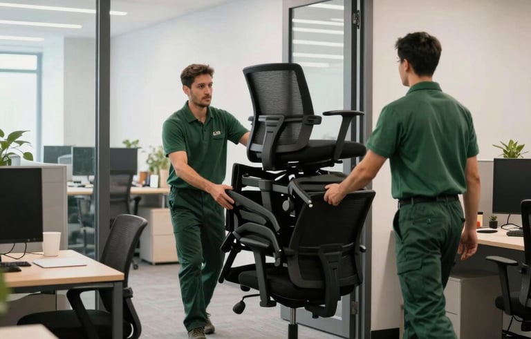 The interior of a modern North American office space being cleared. Professional movers in green uniforms are neatly stacking office chairs and desks near a service entrance. High-contrast lighting, clean and efficient atmosphere, professional photography style.