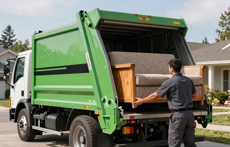 A professional junk removal truck with green and black branding parked in a clean suburban Spokane Valley driveway. A friendly team member in a charcoal grey uniform is efficiently loading a large wooden sofa into the truck. Bright, natural North American daylight, clean composition.