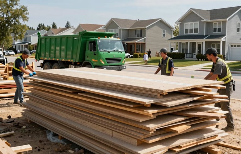 A residential construction site in a North American neighborhood where a pile of drywall and wood scraps is being cleared by a professional crew. A green dump trailer is visible in the background. Bright, clear lighting, wide-angle shot showing a thorough cleanup in progress.