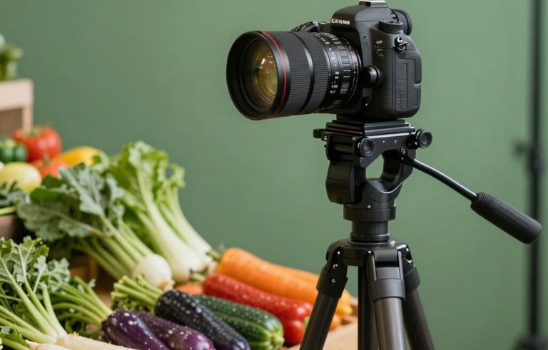 A professional DSLR camera on a tripod capturing a cinematic shot of fresh, colorful vegetables from a North American / US farm market. The setting is a bright, modern studio with matte forest green backdrops.