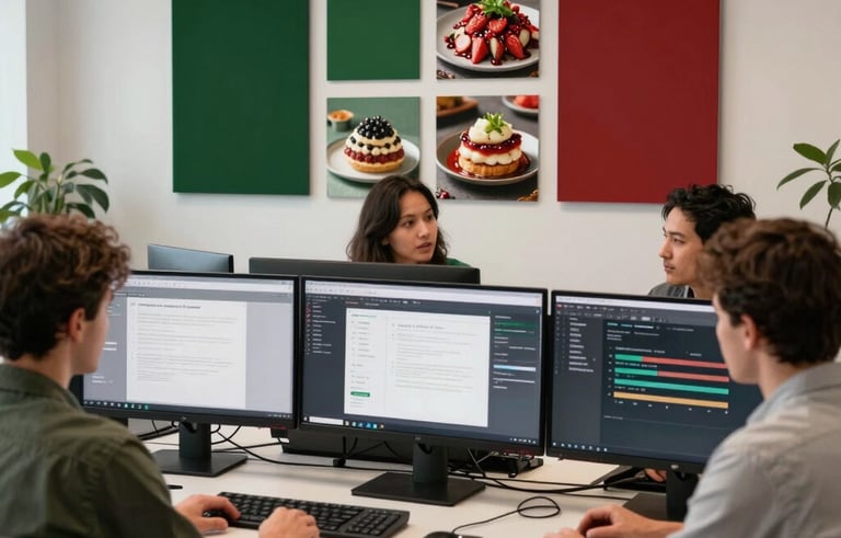A sophisticated North American / US office setting where a team is analyzing digital branding on large monitors. A mood board on the wall features dark green and crimson swatches alongside high-end food photography.