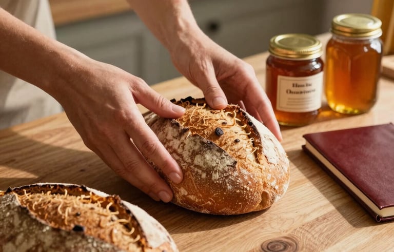 A close-up of a North American / US social media manager's hands arranging artisanal bread and jars of honey for a photo shoot in a sunlit, rustic bakery. Warm wood textures, gold accents, and a deep red notebook on the side. Soft, professional natural lighting.