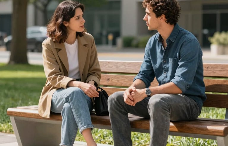 A candid photograph of two people sitting on a modern wooden bench in a sun-drenched North American urban park, engaged in deep conversation, representing guidance and clarity, with natural colors of tan and blue-grey.