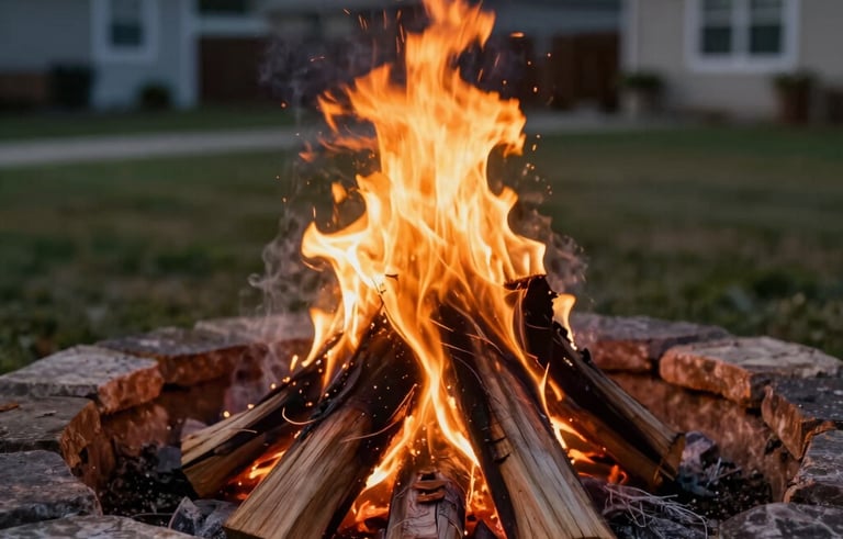 A close-up shot of a small campfire glowing warmly in a backyard stone pit in a North American suburban setting during twilight, creating a sense of warmth, community, and inspiration.