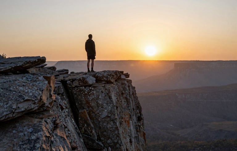 A wide-angle landscape shot of a person standing on a rugged North American cliff at dawn, looking towards a vibrant gold sun rising over the horizon, clean and modern photography style, soft morning light.