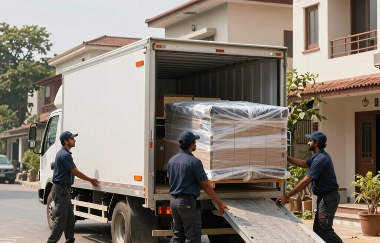 A wide shot of a professional moving truck parked in a clean South Asian / Indian residential neighborhood. Movers are seen using a ramp to load carefully wrapped furniture, demonstrating high-quality logistical standards.