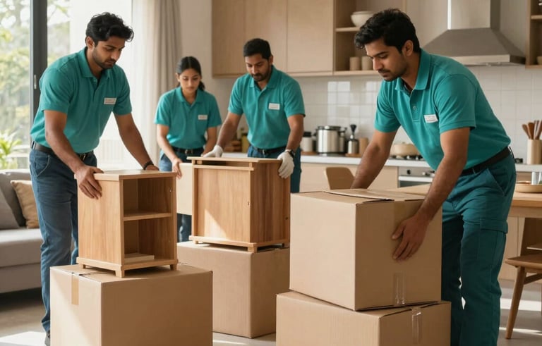 A professional photograph of a team of movers in teal uniforms efficiently packing wooden furniture and kitchenware into sturdy cardboard boxes inside a modern, sunlit South Asian / Indian apartment. The atmosphere is organized and professional.