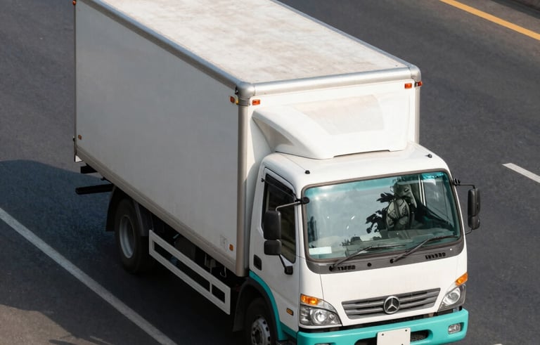 A high-angle photograph of a modern commercial delivery truck with a white and teal exterior, driving on a clear highway near Delhi, India. The lighting is bright afternoon sun, suggesting speed and reliability.