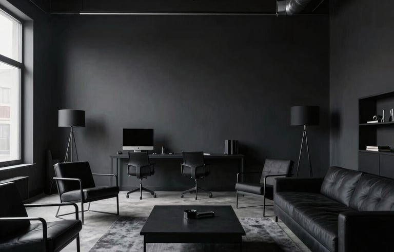 A wide-angle shot of a sophisticated, dark-themed design studio in North America. The space features industrial minimalist architecture and clean black furniture.