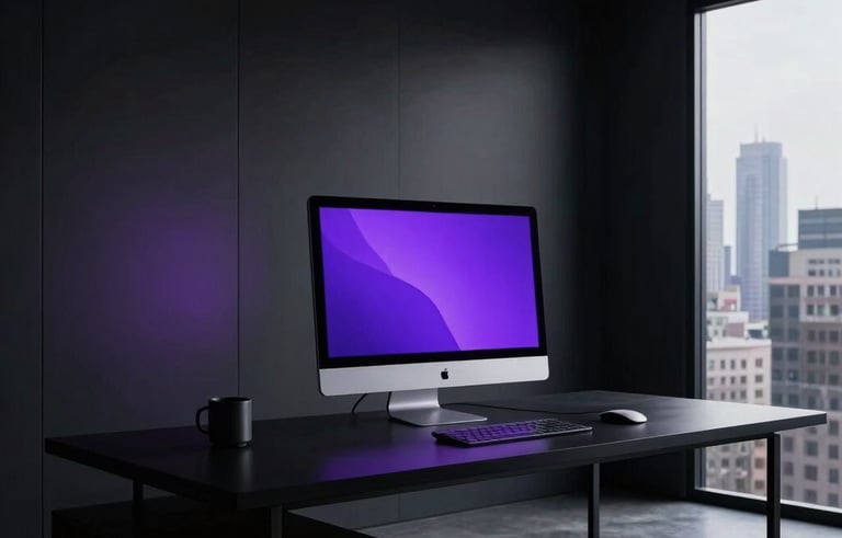 Photography of a high-end minimalist home office in a North American city. A sleek black desk holds a modern computer with purple ambient light reflecting off dark walls. The lighting is low-key and professional.