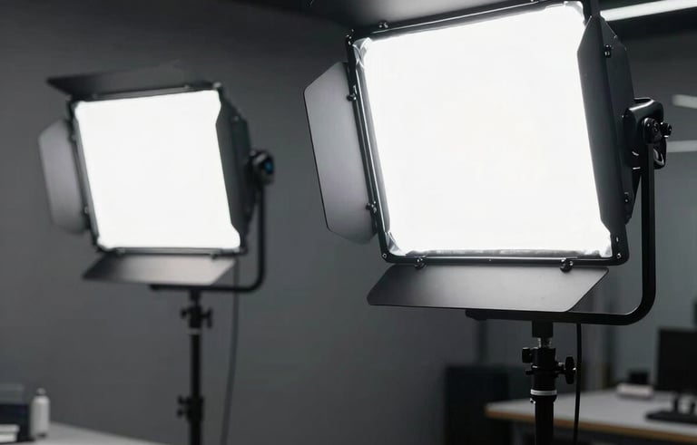 Interior shot of a modern, clean Southeast Asian workshop illuminated by high-output industrial LED floodlights. Even, bright white lighting that emphasizes efficiency and professional atmosphere. Modern architecture, minimalist aesthetic, deep black shadows.
