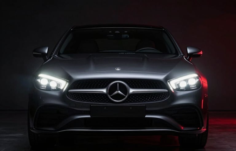 Low-angle photography of a luxury European car in a dark, minimalist studio in Southeast Asia. The sharp LED headlamps are glowing with a crisp white light, reflecting on the polished floor. Minimalist composition with deep black shadows and subtle red lighting accents. Professional automotive photography style.