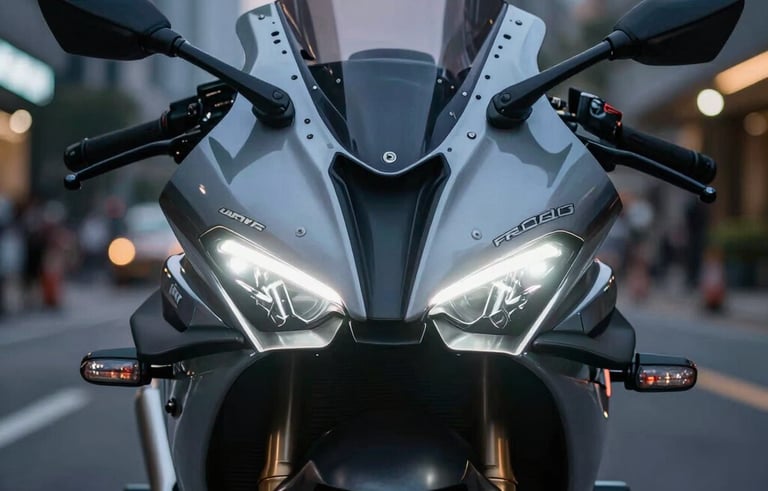 Close-up of a premium sportbike's front fairing at dusk in an Indonesian urban setting. The dual LED headlights are illuminated, cutting through the shadows with intense white light. Sharp focus on the lens details, bokeh background of city lights. Minimalist and elegant composition.