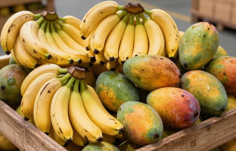 Fresh tropical Brazilian fruits including bananas and mangoes arranged in rustic wooden crates at a modern logistics center. Bright, natural lighting highlights the freshness and textures of the fruit.