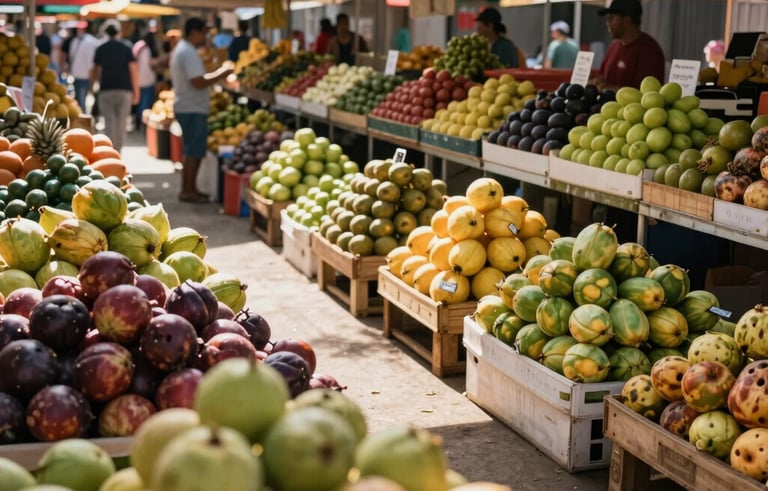 A wide-angle professional photograph of a sunny outdoor fruit market in Brazil, with neatly organized stalls. The scene looks professional, organized, and reflects a thriving commerce of native products.
