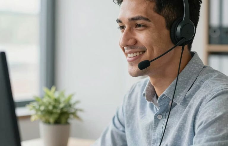 A professional South American person in an office setting wearing a headset, smiling warmly. The background is bright with soft natural lighting and features a small potted plant on the desk, conveying a professional yet accessible atmosphere.