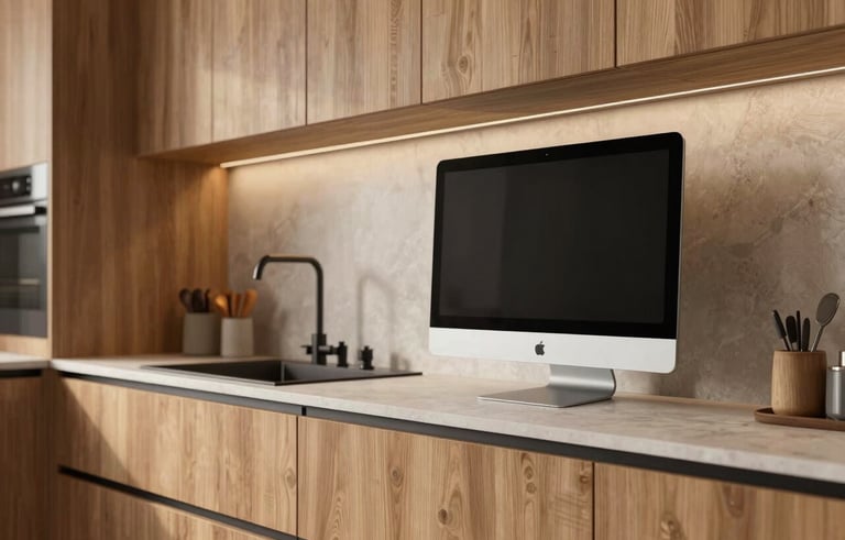 A high-quality 3D photorealistic render of a modern integrated kitchen on a sleek monitor, featuring soft wood textures and warm ambient lighting, in a Hispanic / Latin American architectural setting.