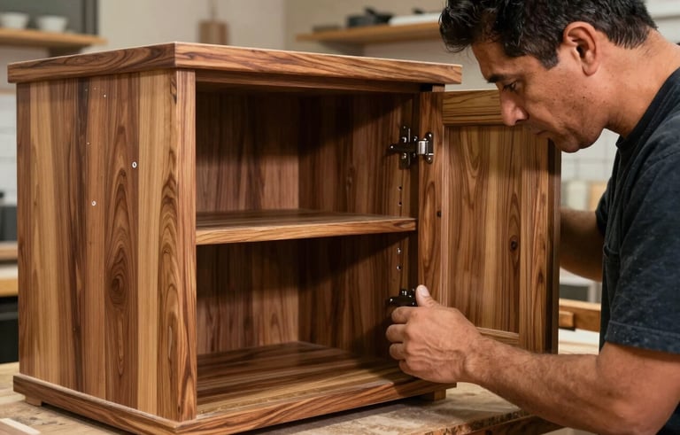 Detailed photography of a master craftsman in a workshop working on a custom kitchen cabinet, showing rich wood grain and natural textures, warm lighting, Hispanic / Latin American context.