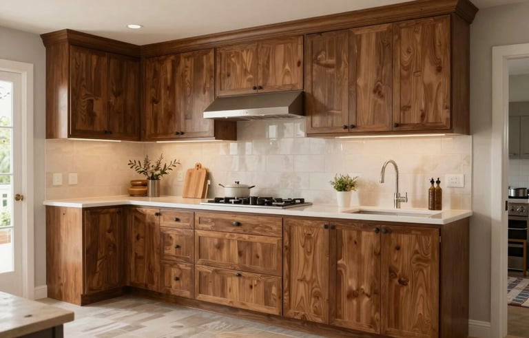 A wide shot of a beautiful, finished integrated kitchen being professionally installed in a bright home, showing soft brown cabinetry and elegant design, Hispanic / Latin American interior.