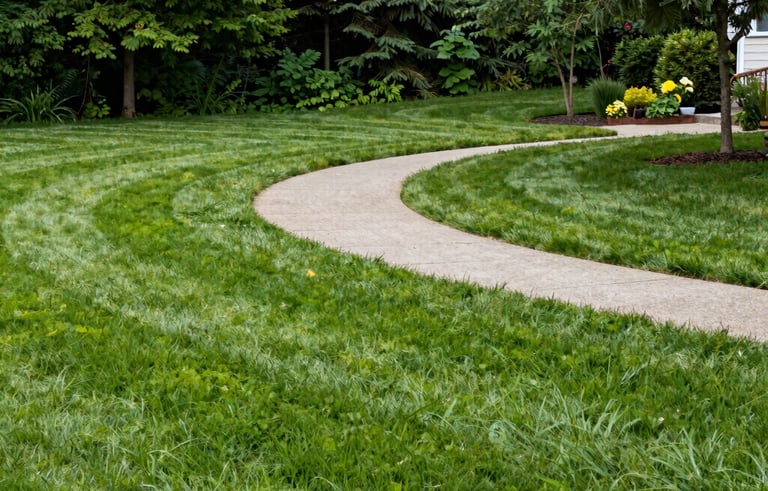 A vibrant photograph of a manicured residential lawn in Canada, featuring sharp edging and a clean pathway installation. The lush green grass contrasts beautifully with the forest green of the surrounding foliage.