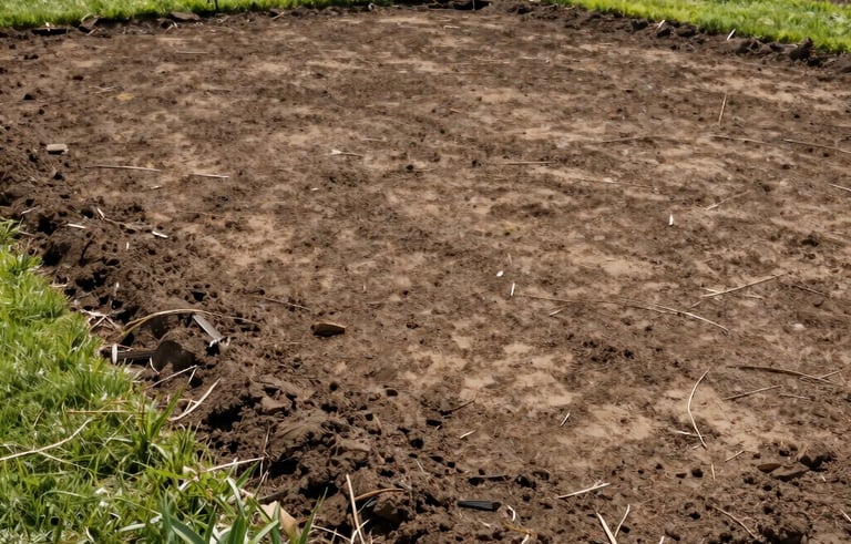 A professional wide shot of a cleared property in a North American suburban setting. The ground is clean and free of brush, showing neat soil borders and healthy green grass in the background under soft daylight.
