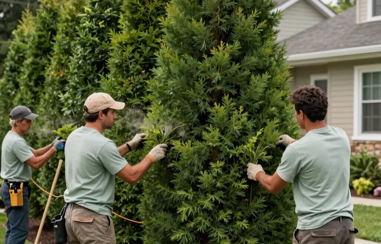 A high-detail photograph of a professional landscaping team in North American work attire removing a tall, overgrown cedar hedge from a residential backyard in Canada. The scene is bright and professional, featuring forest green and light sage tones.