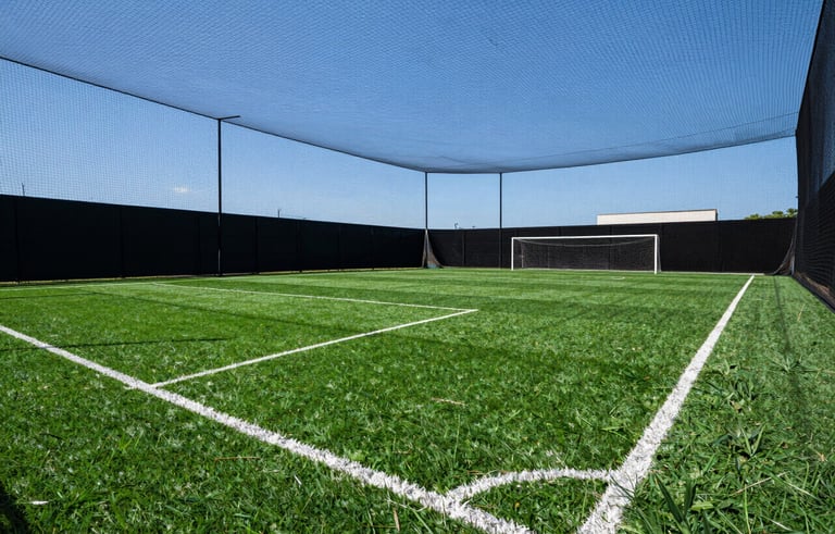 Wide photography of a professional synthetic grass football field in Brazil, enclosed with high-quality dark safety nets under a clear blue sky. Professional sports environment with clean lines.