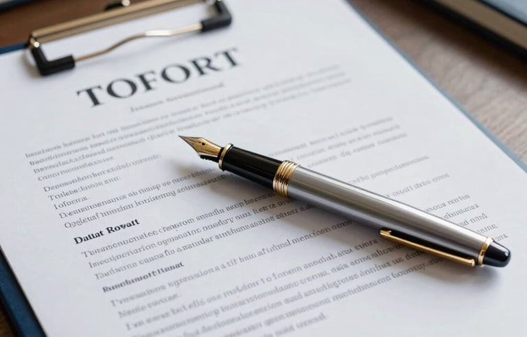 A high-end professional desk setting in a North American / International Business office. A high-quality fountain pen lies across a complex legal contract. Soft daylight illuminates the scene, highlighting a sophisticated color palette of slate blue and gold.