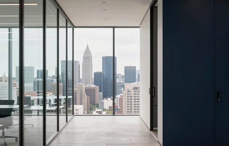 A minimalist architectural interior of a modern government office, featuring glass partitions and a wide view of a global city skyline. The composition suggests visionary strategy and stability. Colors include off-white and deep navy.