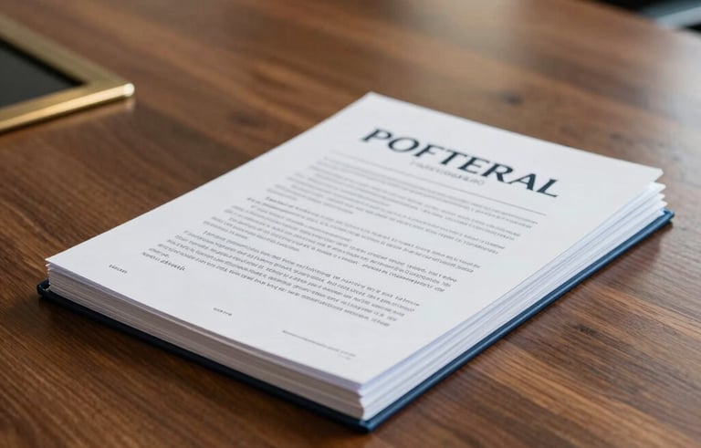 A focused shot of a professional boardroom table in a North American / International Business setting. A heavy oak surface holds a stack of policy reports. The lighting is serious and sophisticated, featuring brass and steel blue accents.