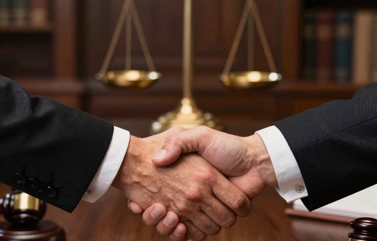 A firm handshake between two professionals over a dark wood desk in a Spanish-influenced law firm. The lighting is warm, highlighting the gold details of a nearby scales of justice statue. Reliable and professional atmosphere.