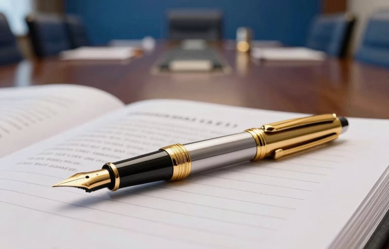Close-up of a high-end gold and steel fountain pen resting on a legal brief. In the blurred background, a sophisticated South American boardroom with Alice Blue walls and dark navy furniture creates an atmosphere of modern legal authority.
