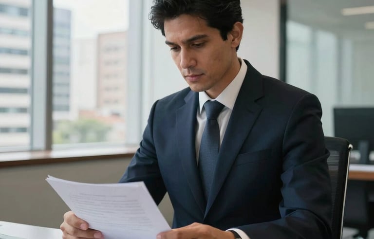 A focused professional lawyer in a modern, light-filled office in a South American city. He wears a sharp dark navy suit and reviews documents with confidence. The setting is clean and sophisticated with steel blue accents and large windows showing urban architecture.