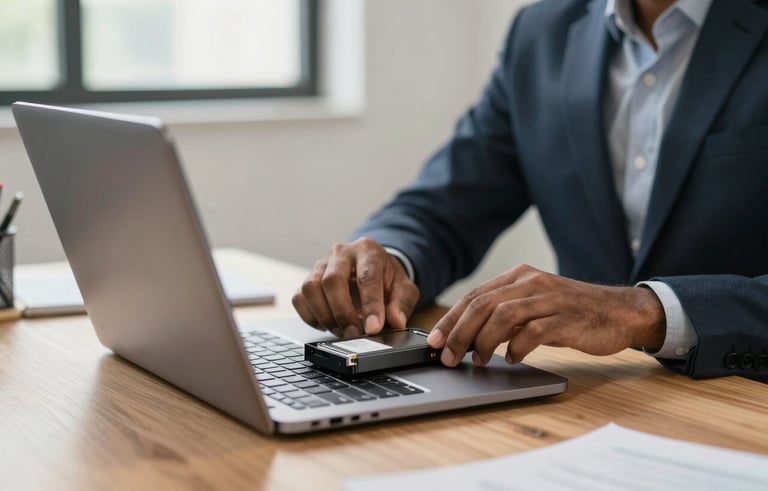A clean, modern photography shot of a sleek laptop open on a wooden desk in a Thane office, with a South Asian professional installing a new storage drive. The light is natural and bright, emphasizing a trustworthy and efficient service environment.